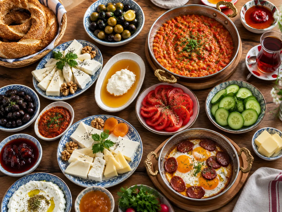 Sfeerbeeld: tafel vol Turks ontbijt met kazen, olijven, honing, menemen en thee