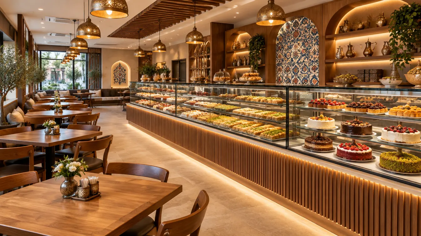 Sfeerbeeld: verlichte vitrine vol taarten, baklava en gebak in een warm restaurant
